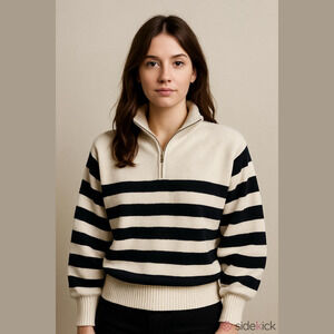 J Crew Black and White Striped Zip-Up Sweater - Size Medium